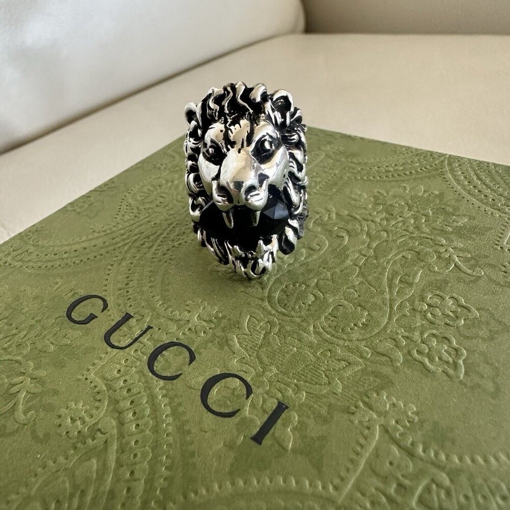 NEW Authentic Gucci Lion Head Crystal Ring In Silver & Black Sz 16 IT 7.5 US - Picture 7 of 11